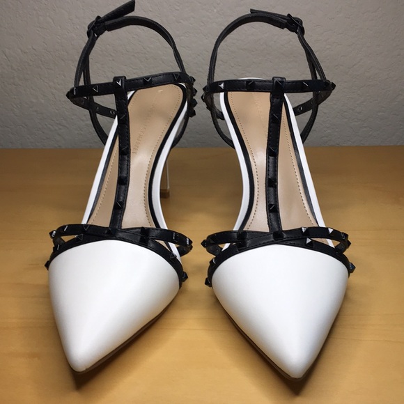 WHBM Gianna Studded B&W Black & White Pump Strappy Sandals Heels, Sz 8.5, NWT - Picture 3 of 12